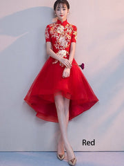 Red Appliques High Low Hem Qipao Cheongsam Dress