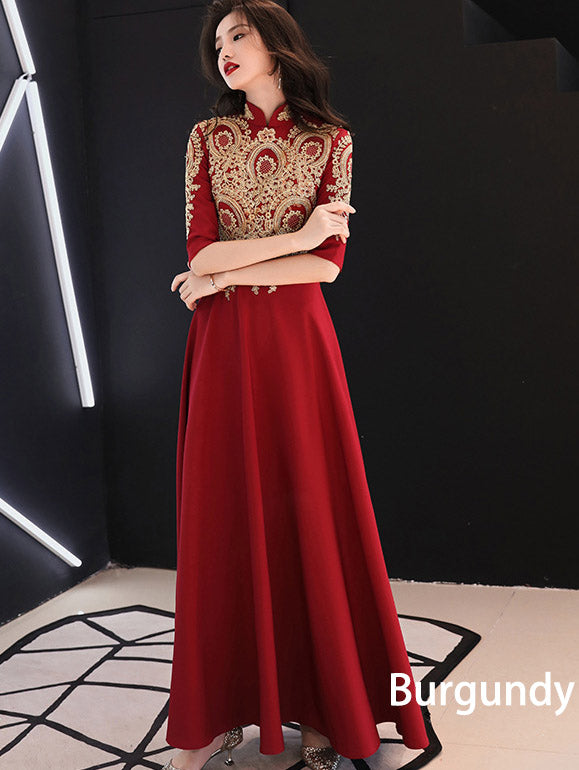 Red A-Line Full Maxi Wedding Qipao Cheongsam Dress