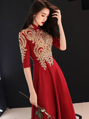 Red A-Line Full Maxi Wedding Qipao Cheongsam Dress