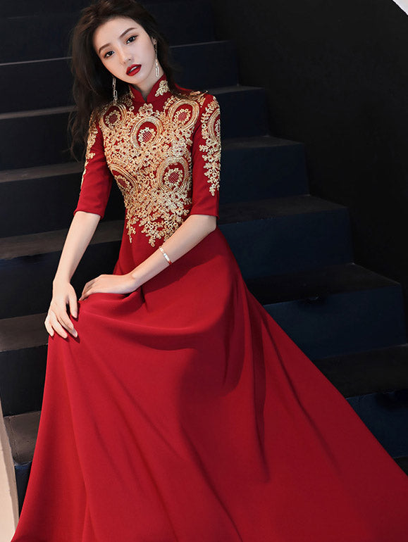 Red A-Line Full Maxi Wedding Qipao Cheongsam Dress