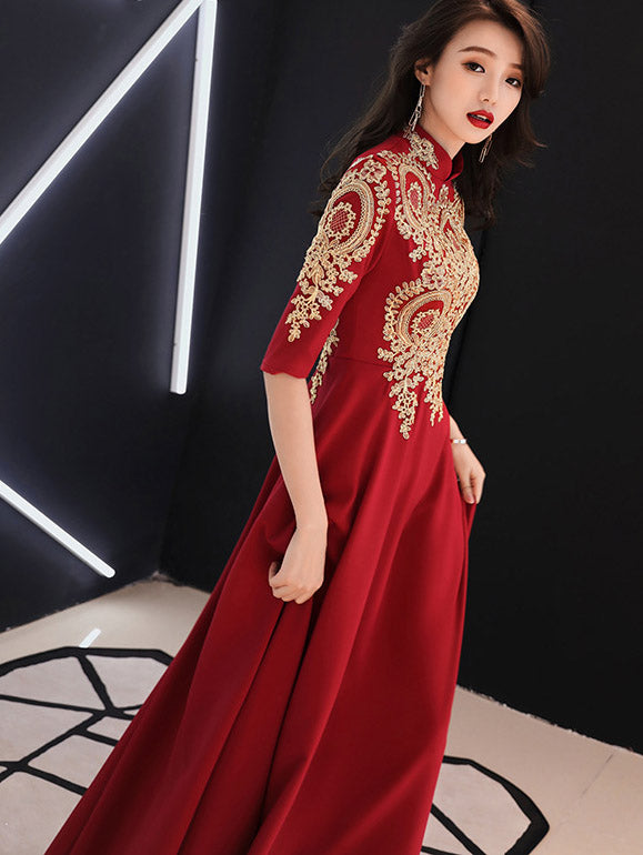 Red A-Line Full Maxi Wedding Qipao Cheongsam Dress