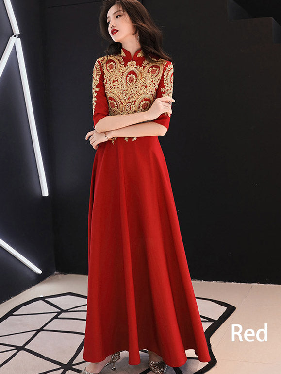 Red A-Line Full Maxi Wedding Qipao Cheongsam Dress