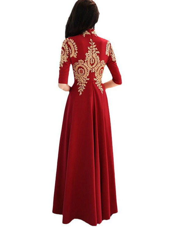 Red A-Line Full Maxi Wedding Qipao Cheongsam Dress