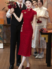 Red Sequined Lace Midi Wedding Cheongsam Qipao Dress