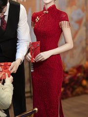 Red Sequined Lace Midi Wedding Cheongsam Qipao Dress