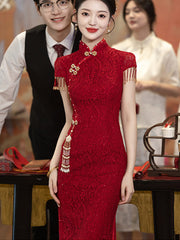 Red Sequined Lace Midi Wedding Cheongsam Qipao Dress