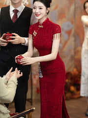 Red Sequined Lace Midi Wedding Cheongsam Qipao Dress