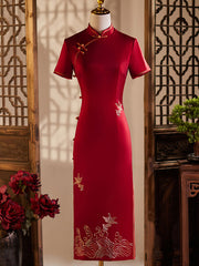 Red Mothers Embroidered Midi Cheongsam Qipao Dress