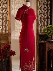 Red Mothers Embroidered Midi Cheongsam Qipao Dress