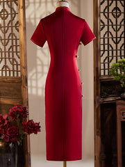 Red Mothers Embroidered Midi Cheongsam Qipao Dress