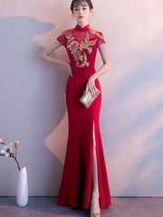 Red Split Front Fishtail Wedding Qipao Cheongsam Dress