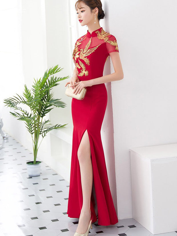 Red Split Front Fishtail Wedding Qipao Cheongsam Dress