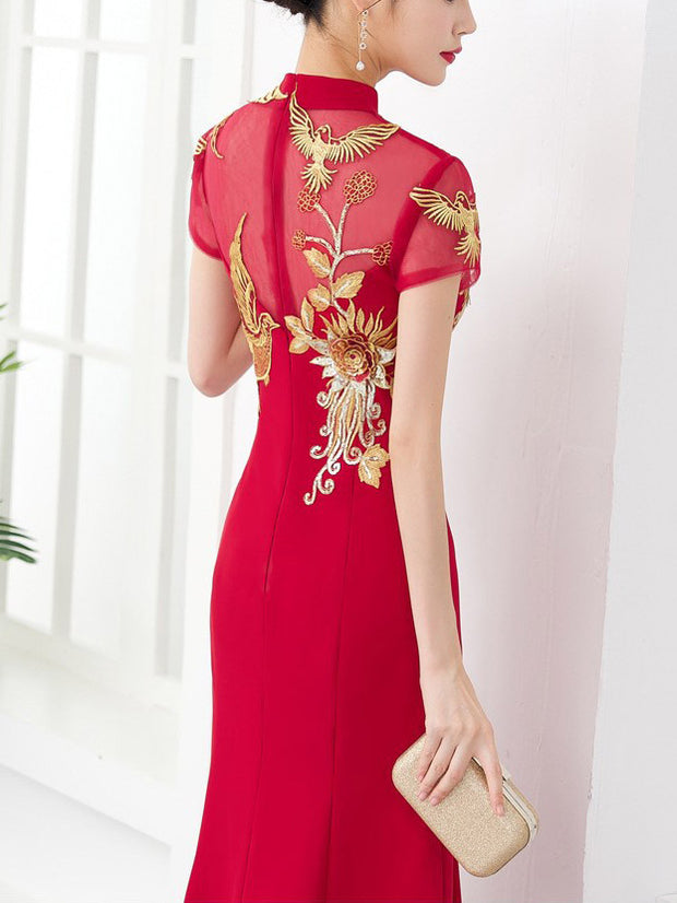 Red Split Front Fishtail Wedding Qipao Cheongsam Dress