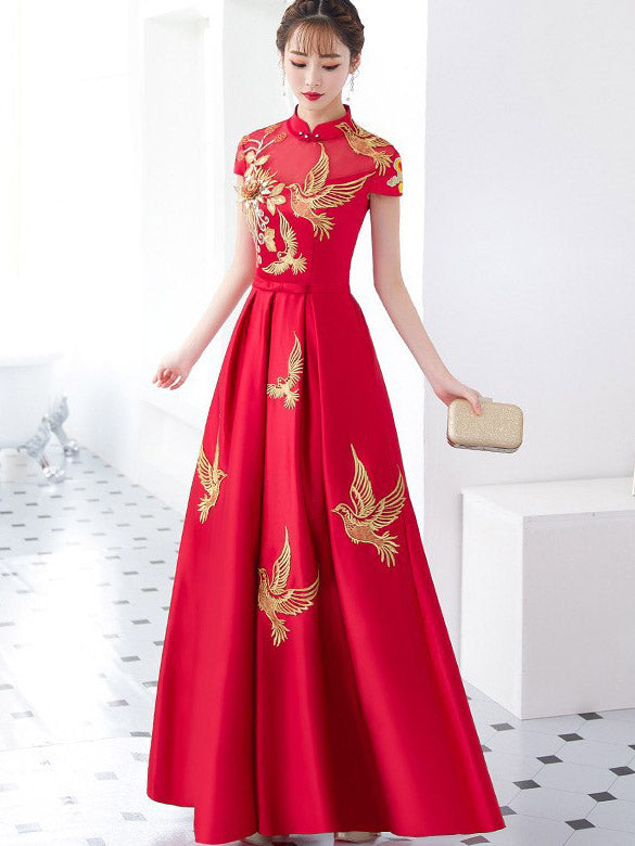 Red Split Front Fishtail Wedding Qipao Cheongsam Dress