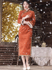 Orange Embroidered Winter Cheongsam Qipao Dress