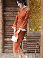 Orange Embroidered Winter Cheongsam Qipao Dress