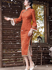 Orange Embroidered Winter Cheongsam Qipao Dress