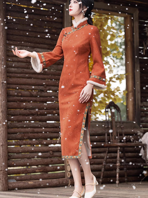 Orange Embroidered Winter Cheongsam Qipao Dress