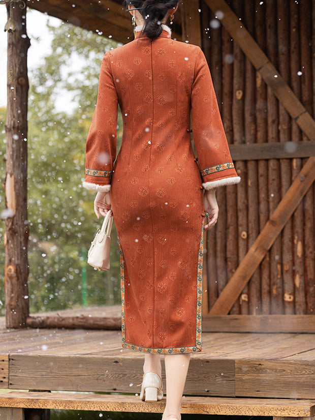 Orange Embroidered Winter Cheongsam Qipao Dress