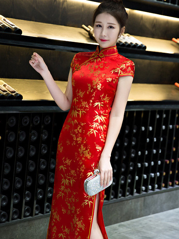 Red Jacquard Cheongsam Qipao Dress