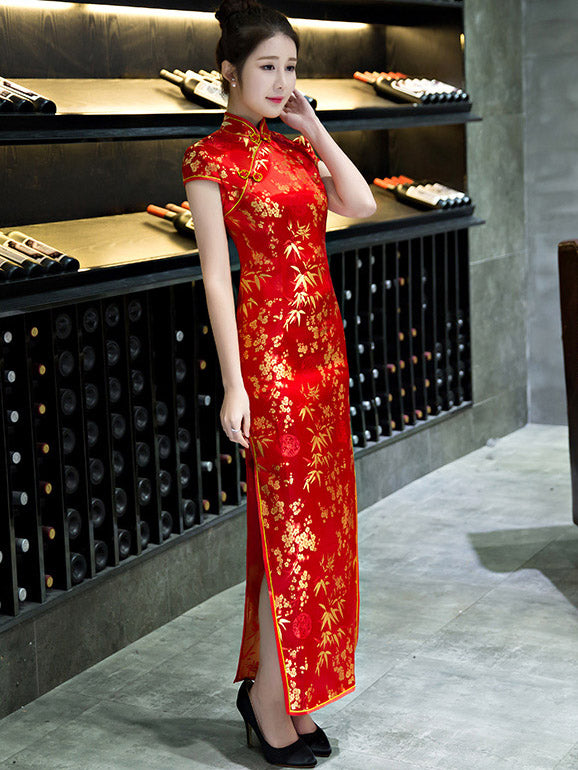 Red Jacquard Cheongsam Qipao Dress