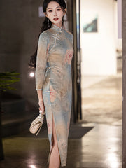 Winter Floral Print Suede Cheongsam Qipao Dress