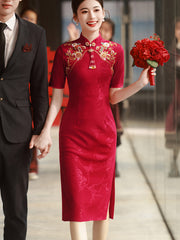 Red Jacquard Appliques Wedding Cheongsam Qipao Dress