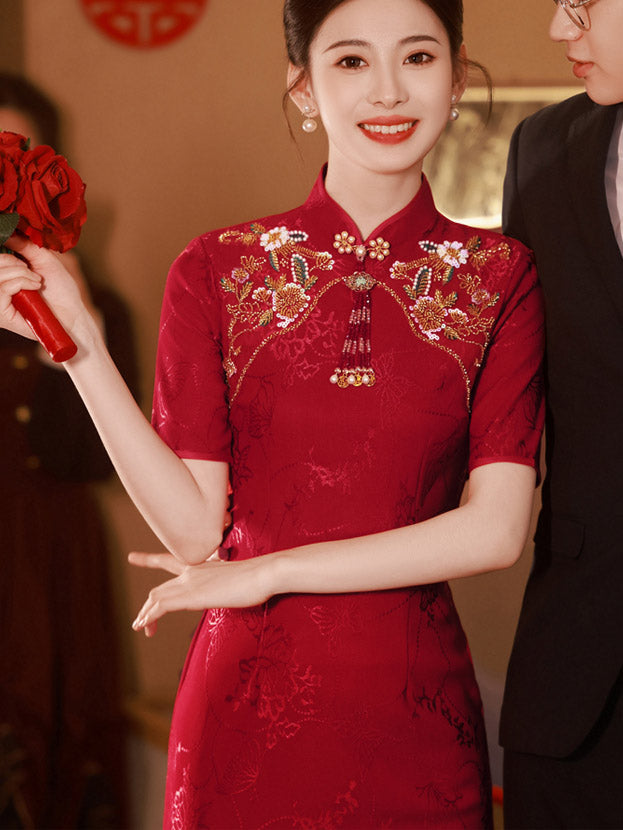 Red Jacquard Appliques Wedding Cheongsam Qipao Dress