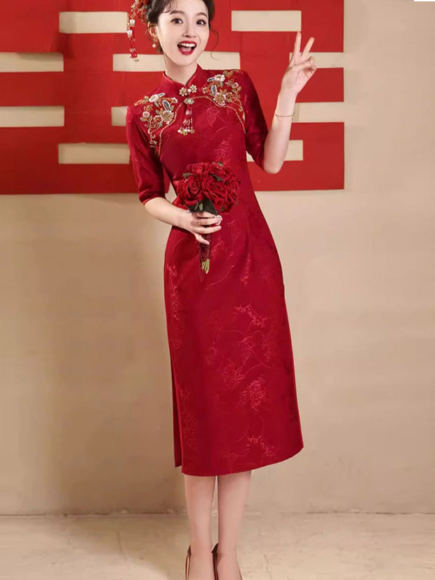 Red Jacquard Appliques Wedding Cheongsam Qipao Dress