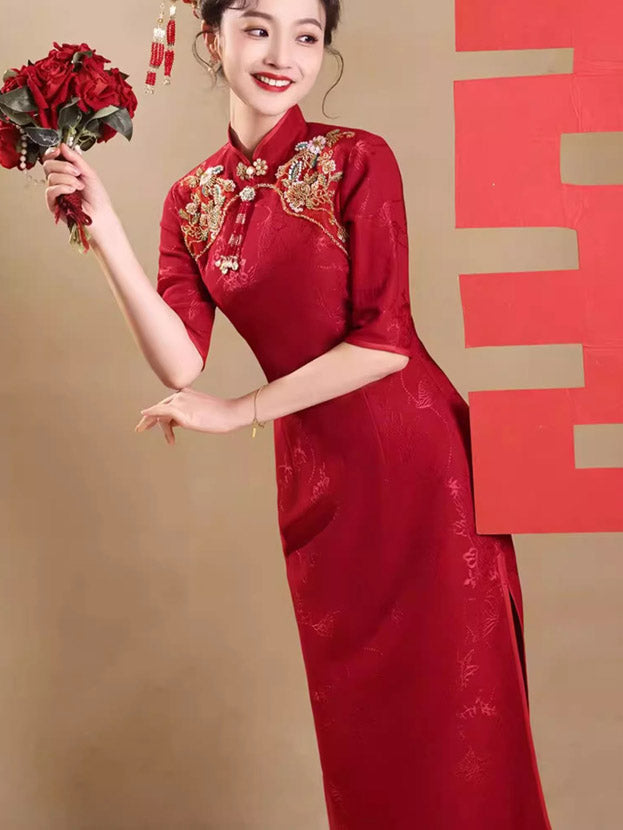 Red Jacquard Appliques Wedding Cheongsam Qipao Dress