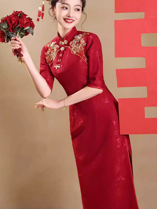 Red Jacquard Appliques Wedding Cheongsam Qipao Dress