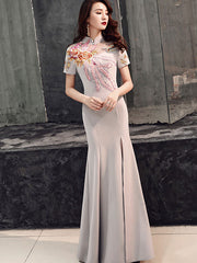 Pink Blue Phoenix Split Front Fishtail Qipao Cheongsam Dress