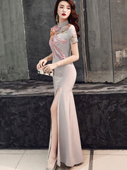 Pink Blue Phoenix Split Front Fishtail Qipao Cheongsam Dress