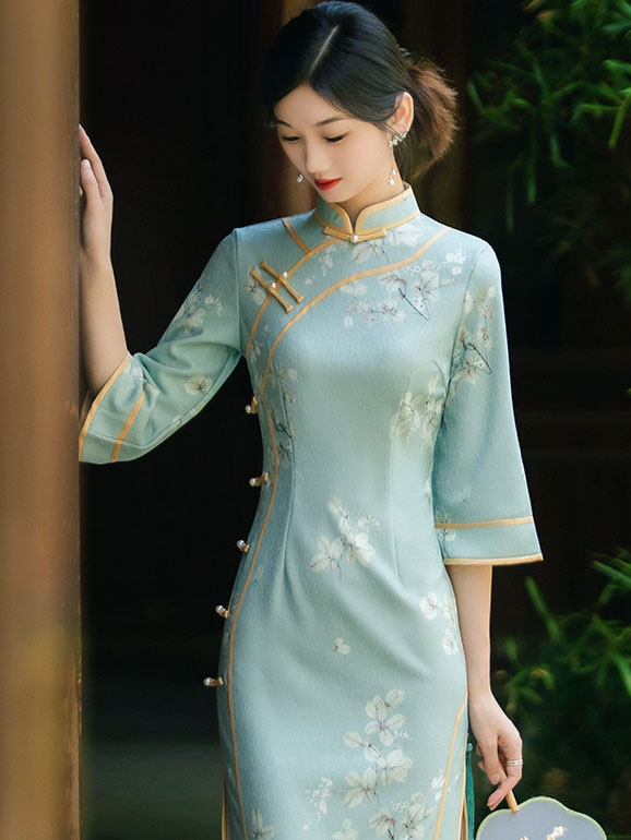 Blue Floral Print Mid Cheongsam Qipao Dress