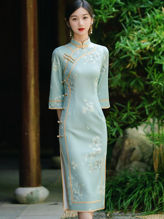 Blue Floral Print Mid Cheongsam Qipao Dress