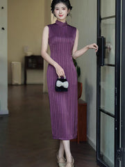 Purple Stripe Sleeveless Cheongsam Qipao Dress