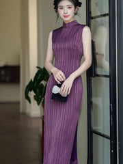 Purple Stripe Sleeveless Cheongsam Qipao Dress