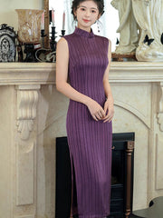 Purple Stripe Sleeveless Cheongsam Qipao Dress