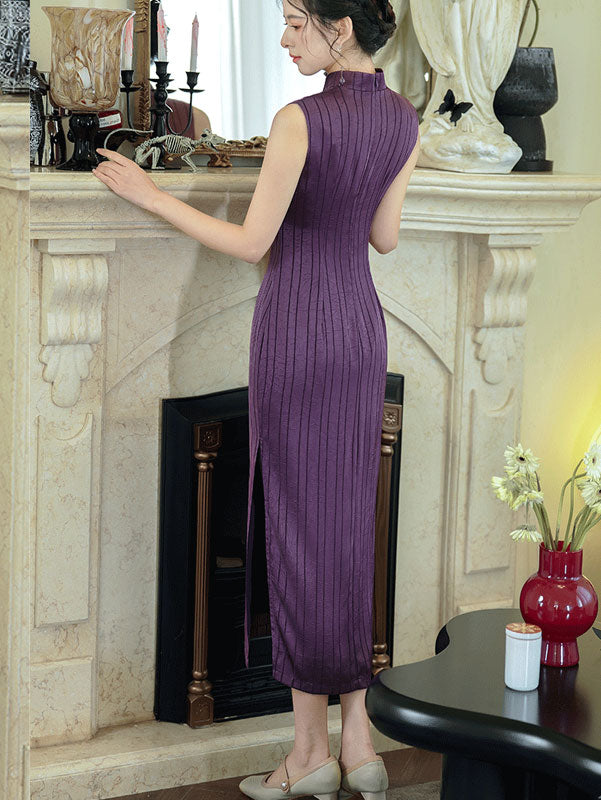 Purple Stripe Sleeveless Cheongsam Qipao Dress