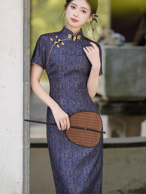 Blue Vintage Print Mothers Cheongsam Qipao Dress