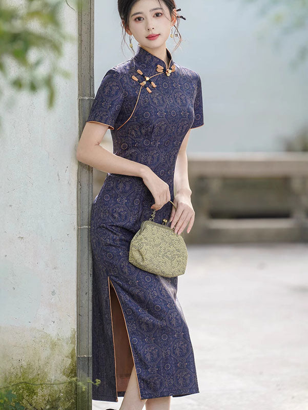 Blue Vintage Print Mothers Cheongsam Qipao Dress