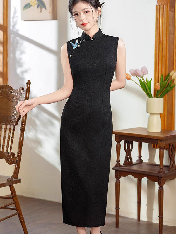 Black Jacquard Embroidered Cheongsam Qipao Dress