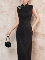 Black Jacquard Embroidered Cheongsam Qipao Dress