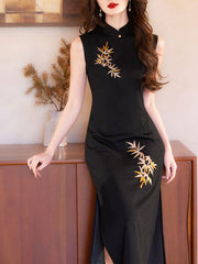 Black Embroidered Bamboo Cheongsam Qipao Dress