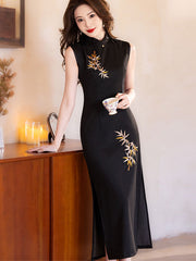 Black Embroidered Bamboo Cheongsam Qipao Dress