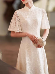 White Lace Split Flutter Sleeve Wedding Qipao Cheongsam Gown