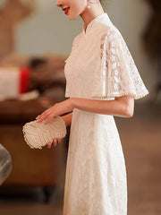 White Lace Split Flutter Sleeve Wedding Qipao Cheongsam Gown