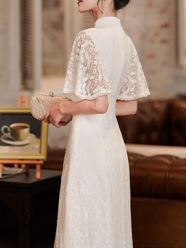 White Lace Split Flutter Sleeve Wedding Qipao Cheongsam Gown