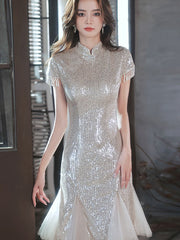 Silver Sequines Ruffle Hem Cheongsam Qipao Dress