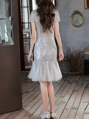 Silver Sequines Ruffle Hem Cheongsam Qipao Dress